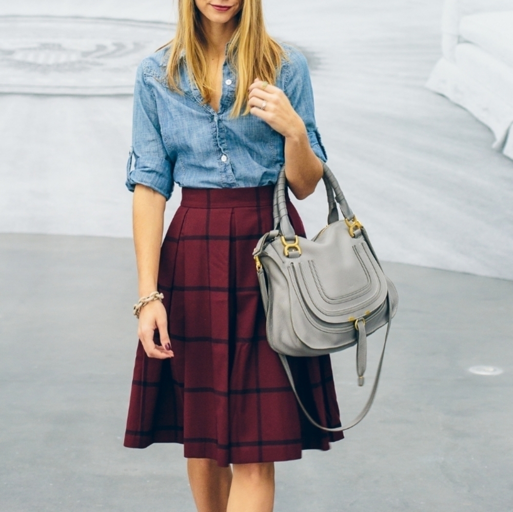 Vintage Burgundy Red Black Blue Wool Plaid Pleated Midi Skirt Size S/M